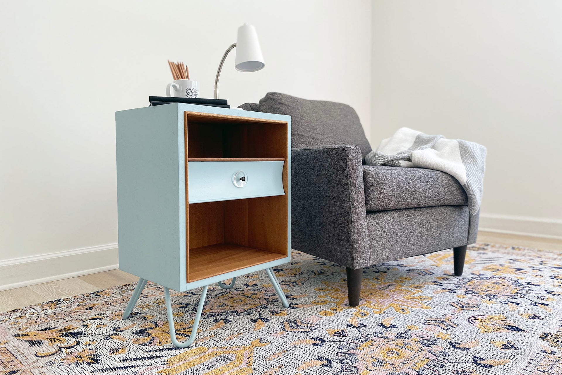 vintage nightstand upcycle with blue hairpin legs